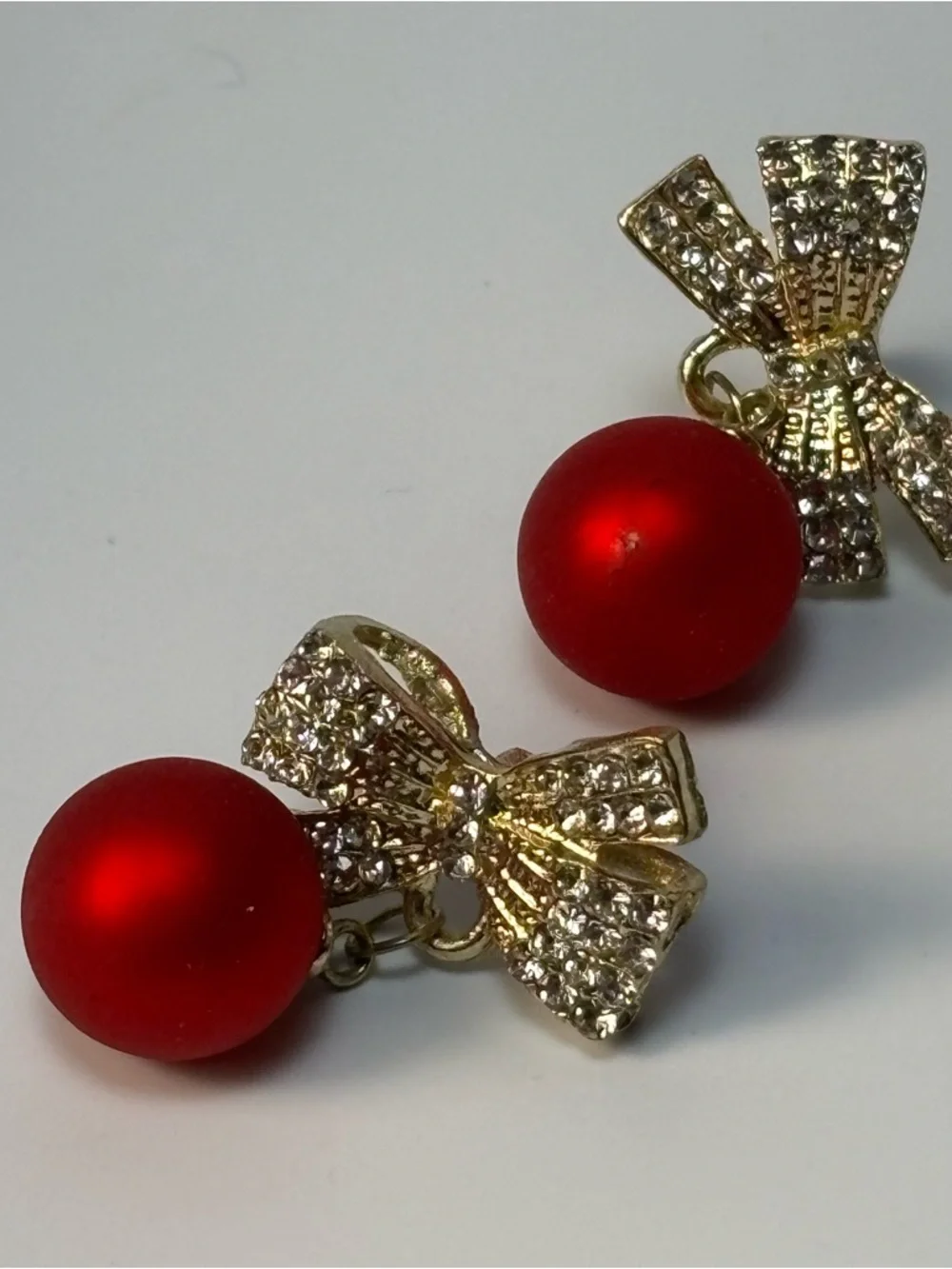 Gold‎ Bow Earrings with Red Pearl Drops
